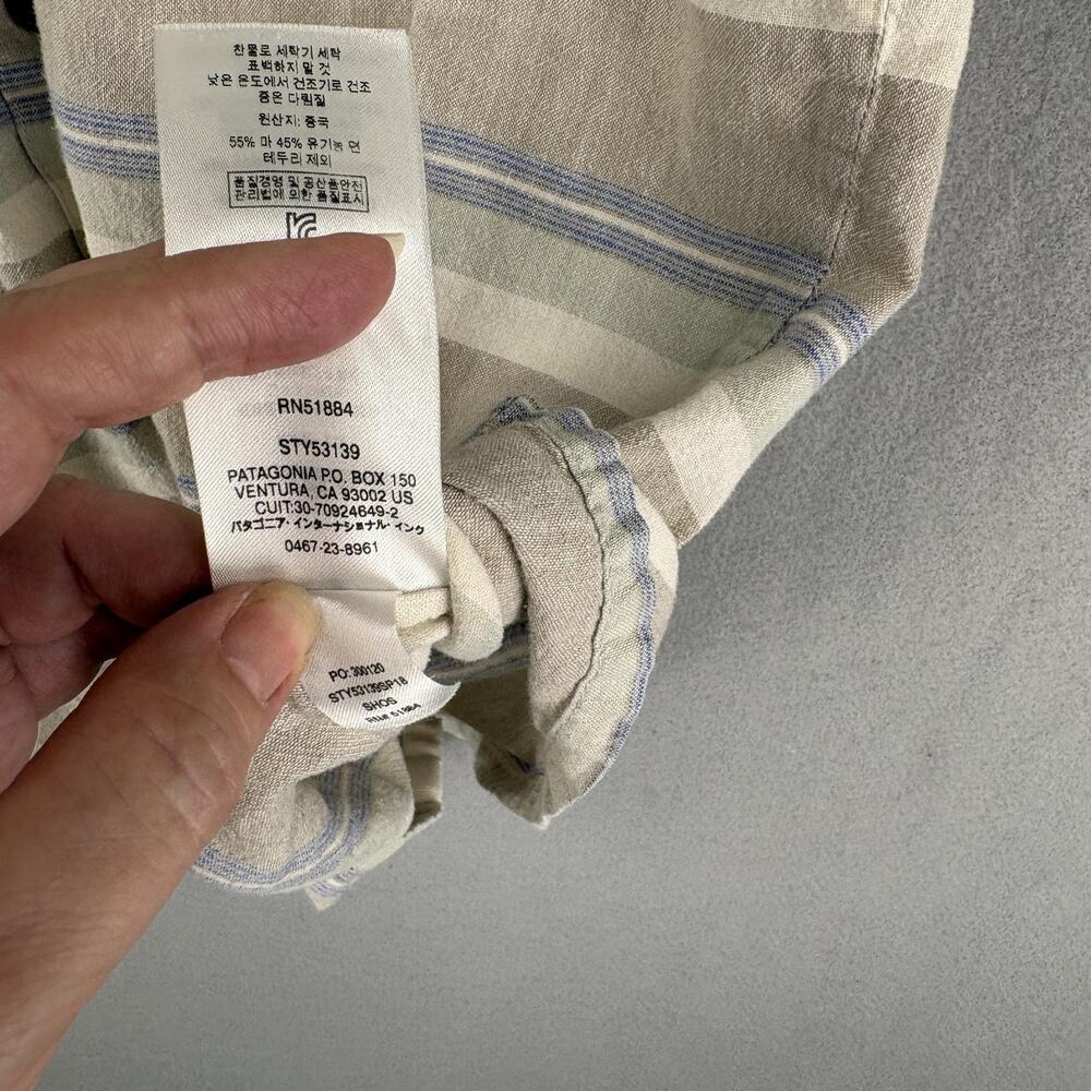Patagonia Back Step Shirt Small Beige Stripe Short Sleeve Button Up Hemp Cotton - Picture 10 of 10